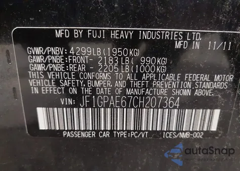 2012 Subaru Impreza 2.0I Premium from USA, damaged, VIN JF1GPAE67CH207364